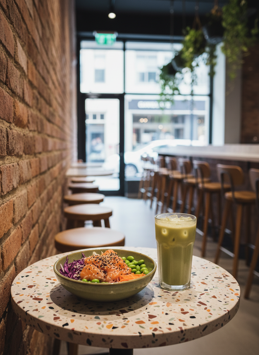 An inviting corner of a modern cafe interior with a small round terrazzo table beside an exposed brick wall, showcasing a vibrant lunch plate: colorful poke bowl in a matte ceramic bowl with glistening salmon, bright edamame, purple cabbage, and sesame-sprinkled rice, paired with an iced matcha in a tall, slightly frosted glass. Natural light from an unseen side window creates soft reflections on the glass and subtle shadows on the speckled tabletop. In the blurred background, a row of wooden bar stools, hanging greenery, and a city street glimpsed through large front windows provide location context. Photographic realism, eye-level composition using rule of thirds and shallow depth of field, the mood playful, urban, and relaxed, as if pausing mid-exploration for a refreshing bite.