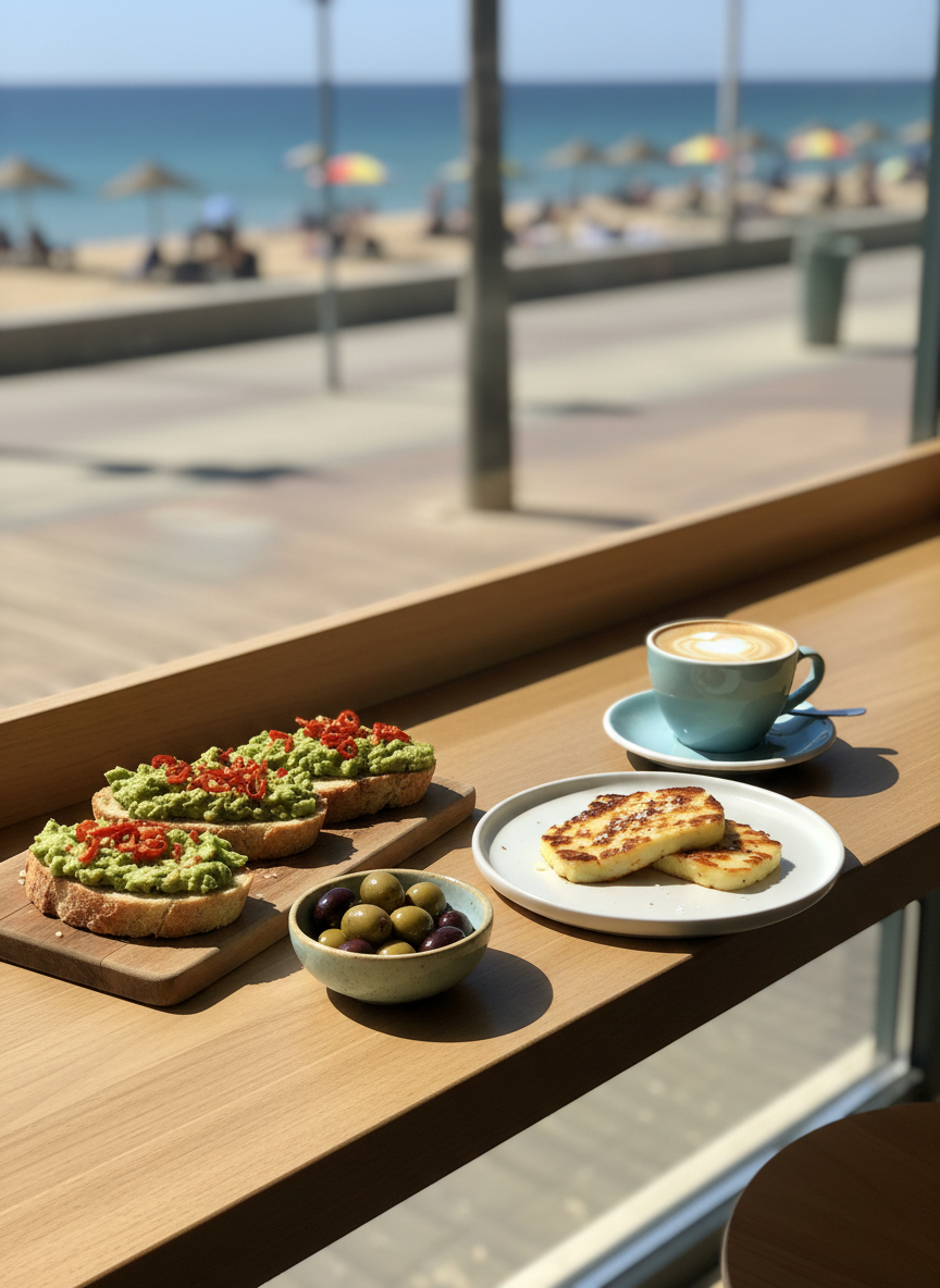 A sunlit cafe window bar overlooking a busy seaside promenade, with a long light-ash wooden counter holding a colorful array of small plates: tapas-style bites including crusty sourdough topped with smashed avocado and chili flakes, marinated olives in a tiny ceramic dish, and grilled halloumi with charred edges on a minimalist plate. A pale blue ceramic cup of flat white sits on a matching saucer, positioned near the edge. Bright midday light floods in from the expansive window, throwing crisp shadows and catching tiny sea-salt crystals on the halloumi. Outside, softly blurred hints of ocean, boardwalk, and umbrellas ground the location. Photographic realism, slightly elevated wide shot with moderate depth of field, atmosphere lively and playful, evoking a relaxed vacation cafe stop without any people in frame.