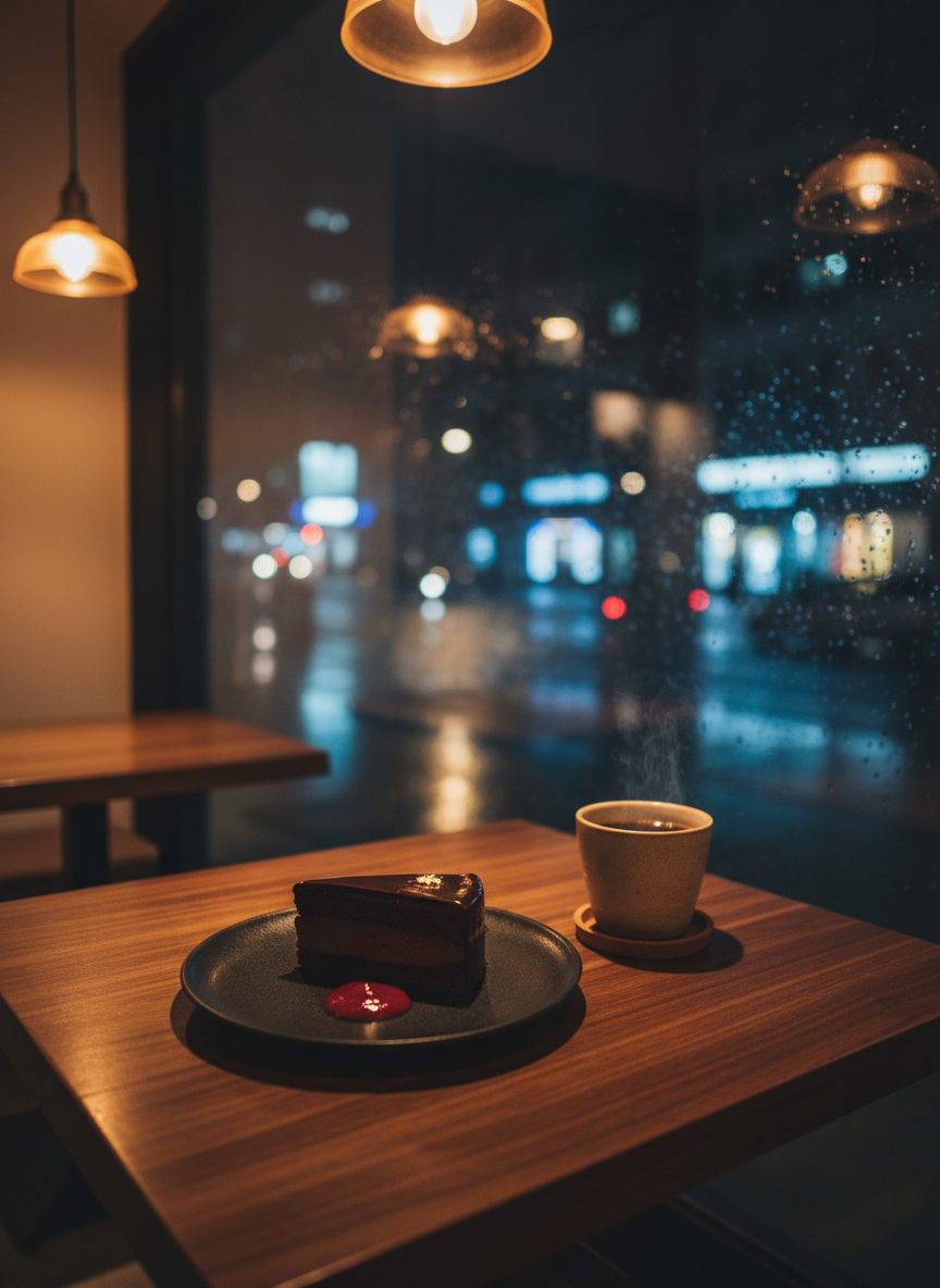 A cozy nighttime cafe setting with a square dark walnut table near a rain-speckled window, showcasing a decadent dessert focus: a glossy slice of chocolate ganache cake on a matte black plate, topped with a tiny gold leaf and a side of ruby-red raspberry coulis. A small stoneware cup of single-origin pour-over sits nearby on a cork coaster, steam barely visible in the warm pendant lighting overhead. Outside the window, blurred city lights and wet pavement hint at a bustling street. Photographic realism, shot from a slightly low, intimate angle, with shallow depth of field and rich contrast. The mood is playful yet sophisticated, a perfect late-evening treat in a real, unposed cafe environment with no people present.