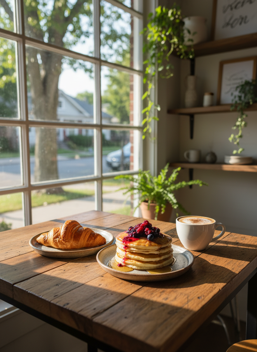 A rustic wooden cafe table set against a large window overlooking a leafy neighborhood street, featuring a neatly arranged brunch spread: a flaky croissant on a stoneware plate, a stack of golden buttermilk pancakes with berry compote, and a pristine white ceramic mug of cappuccino crowned with velvety foam. Soft morning sunlight pours through the glass, creating gentle highlights on the syrup and casting natural shadows across the wood grain. The background shows an unfocused, cozy cafe interior with potted plants, open shelving, and handwritten-style wall art implied by shapes, but no readable text. Photographic realism, shot at a slightly elevated angle with shallow depth of field, feels playful yet calm, inviting viewers into an authentic, lived-in dining moment with no staged props or people.